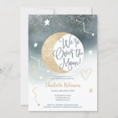 Dusty blue gold glitter over the moon baby shower invitation (Front)