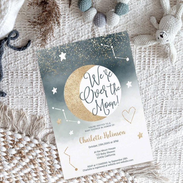 Dusty blue gold glitter over the moon baby shower invitation