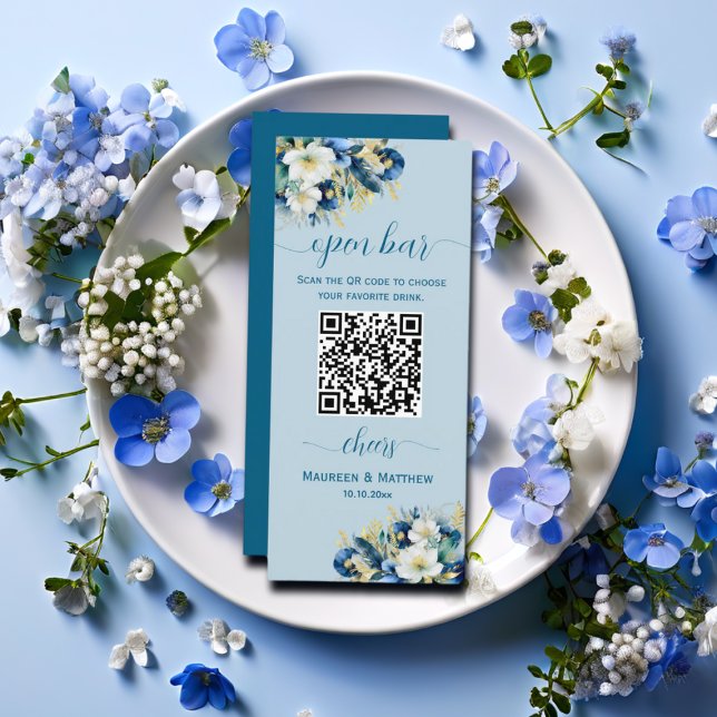 Dusty Blue Gold Glitter QR Code Wedding Open Bar Menu (Creator Uploaded)