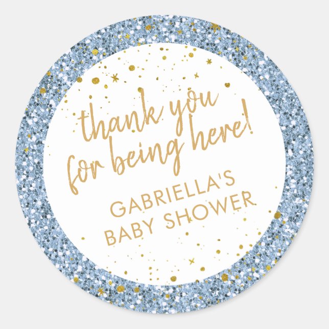 Dusty Blue Gold Glitter Thank You Shower Favor Classic Round Sticker (Front)