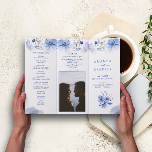 Dusty Blue  Gold Glitter Trifold Wedding Program Flyer