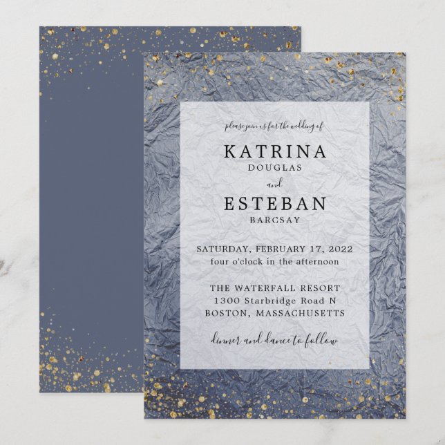 Dusty Blue Gold Glitter Wedding Invitation (Front/Back)