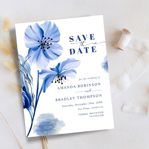 Dusty Blue  Gold Glitter Wedding Save The Date Invitation