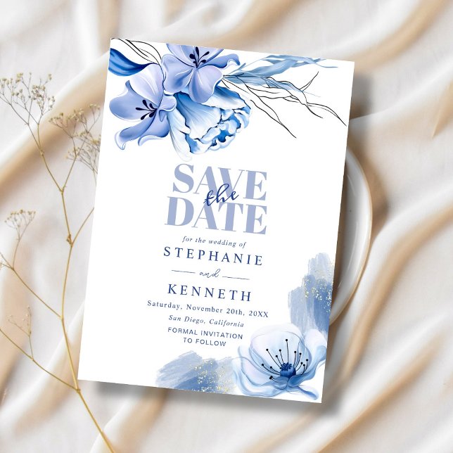 Dusty Blue & Gold Glitter Wedding Save The Date Invitation (Creator Uploaded)