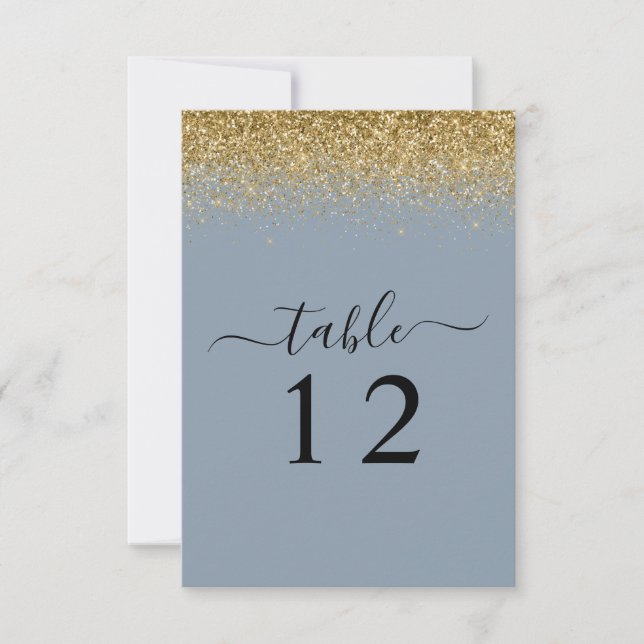 Dusty Blue & Gold Glitter Wedding Table Card (Front)