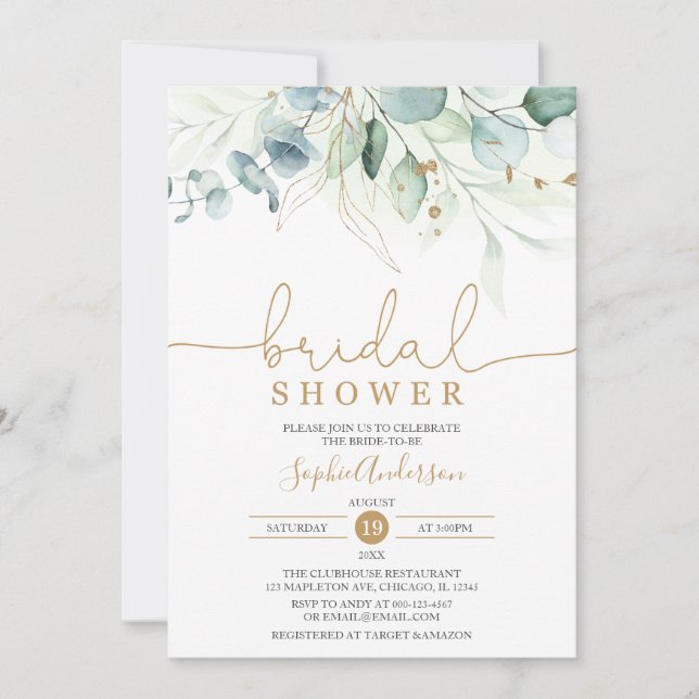 Dusty Blue Gold Greenery Eucalyptus Bridal Shower Invitation (Front)