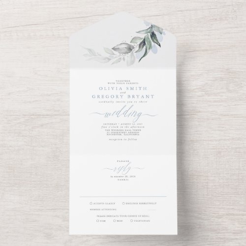 Dusty Blue Gold Greenery Leaves Elegant Wedding All In One Invitation