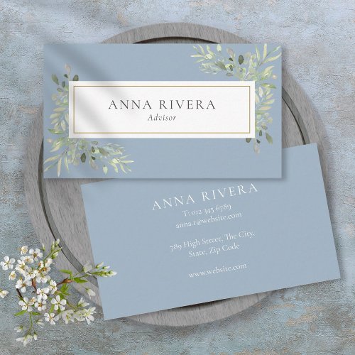 Dusty Blue Gold Greenery Professional Business Card
