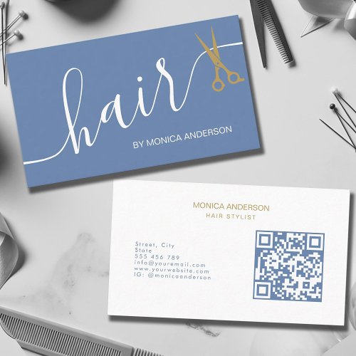 Dusty Blue Gold Hair Script Scissors QR Code Business Card