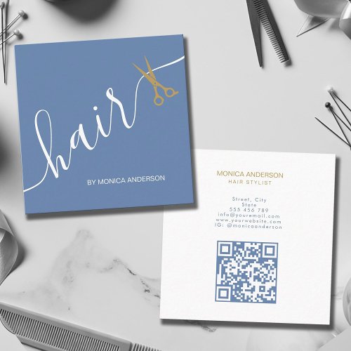 Dusty Blue Gold Hair Script Scissors QR Code Square Business Card