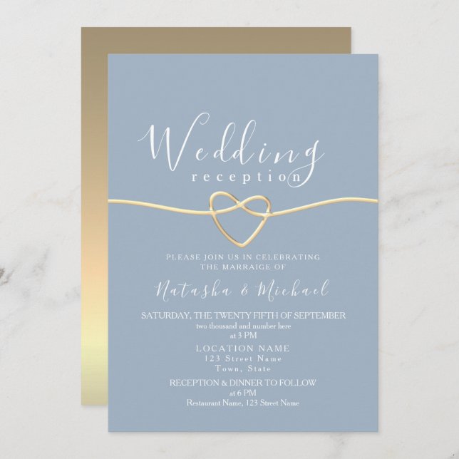 Dusty Blue Gold Heart Wedding Reception Invitation (Front/Back)