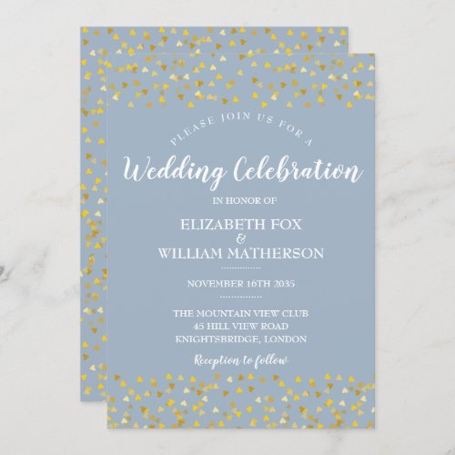 Dusty Blue Gold Hearts Confetti Wedding Invitation