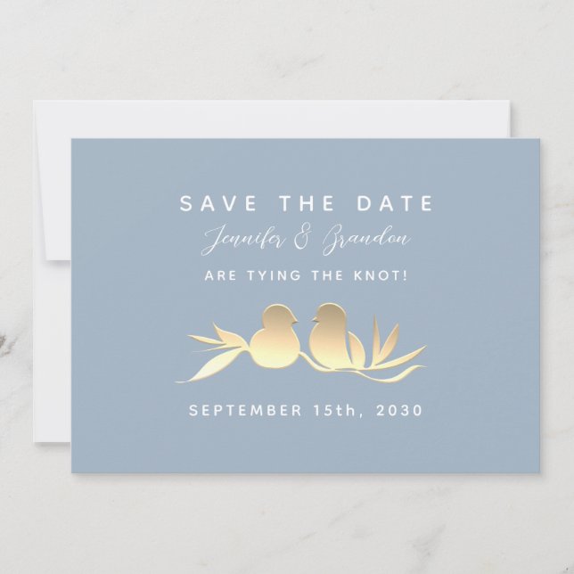 Dusty Blue Gold Lovebirds Save The Date (Front)