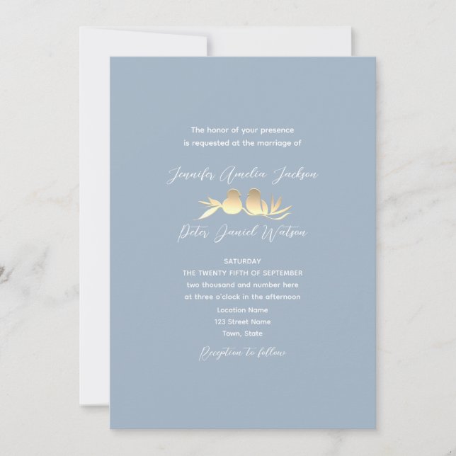 Dusty Blue Gold Lovebirds Wedding Invitation (Front)