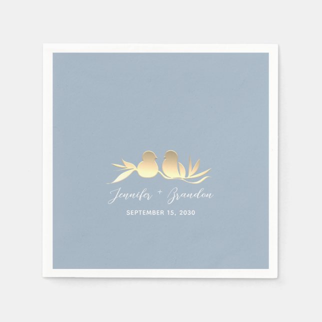 Dusty Blue Gold Lovebirds Wedding  Napkins (Front)