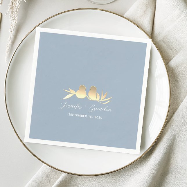 Dusty Blue Gold Lovebirds Wedding  Napkins (Creator Uploaded)