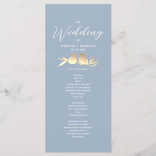 Dusty Blue Gold Lovebirds Wedding Program (Front)