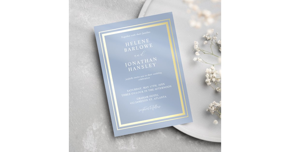 Dusty Blue Gold Modern Minimalist Elegant Wedding Invitation | Zazzle