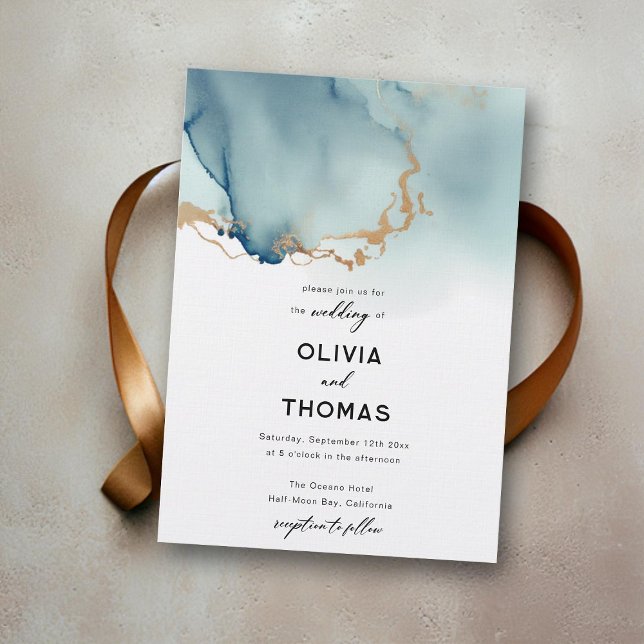 Dusty Blue Gold Modern Romantic Chic Beach Wedding Invitation (dusty blue beach wedding invitation god wave modern bohemian romantic calligraphy elegant classy)