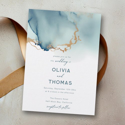 Dusty Blue Gold Modern Romantic Teal Beach Wedding Invitation