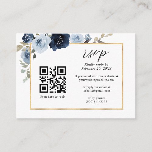 Dusty Blue Gold Navy Floral QR Code Wedding RSVP Enclosure Card