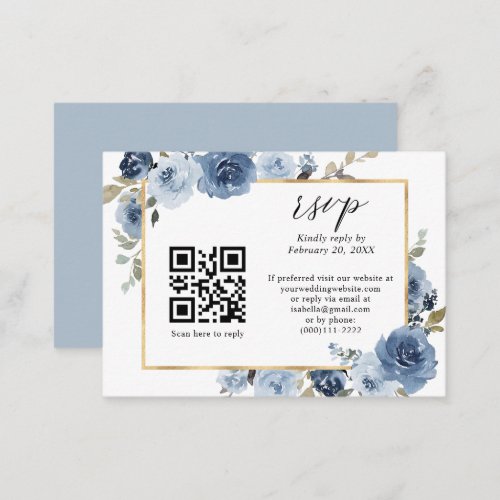 Dusty Blue Gold Pastel Floral QR Code Wedding RSVP Enclosure Card