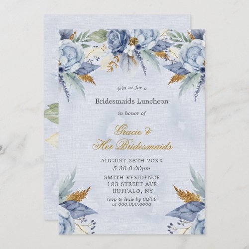 Dusty Blue Gold Peony Bridesmaids Luncheon Invites