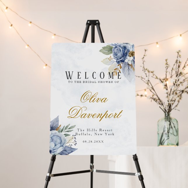 Dusty Blue Gold Peony Chic Bridal Shower Welcome  Foam Board (In Situ (Stand))