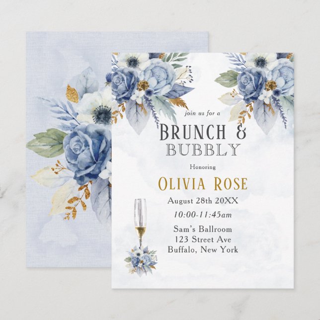 Dusty Blue Gold Peony Chic Brunch & Bubbly Invitat Invitation (Front/Back)