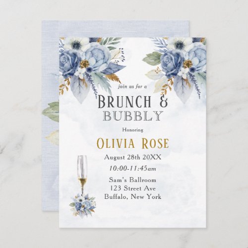 Dusty Blue Gold Peony Chic Brunch  Bubbly Invitat Invitation