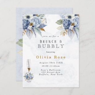 Dusty Blue Gold Peony Chic Brunch & Bubbly Invitation