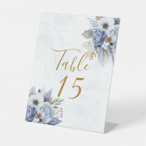 Dusty Blue Gold Peony Wedding Table Number Pedestal Sign
