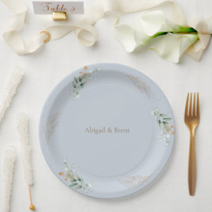 Dusty Blue & Gold Personalized Foliage Wedding Paper Plates