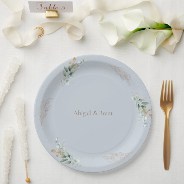Dusty Blue & Gold Personalized Foliage Wedding Paper Plates (Wedding)