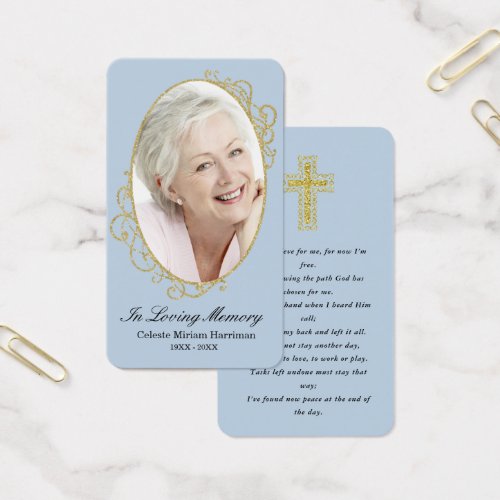 Dusty Blue Gold Photo Funeral Prayer Card