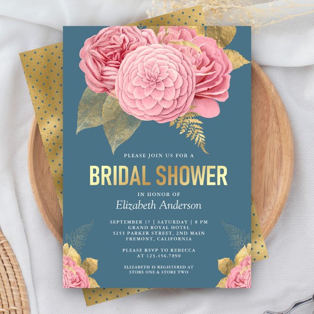 Dusty Blue Gold Pink Floral Bridal Shower Invitation (Creator Uploaded)