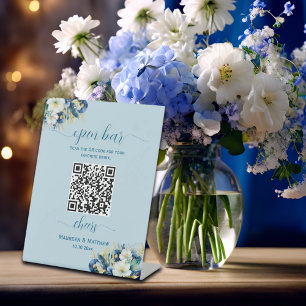 Dusty Blue Gold QR Code Wedding Open Bar Menu Pedestal Sign