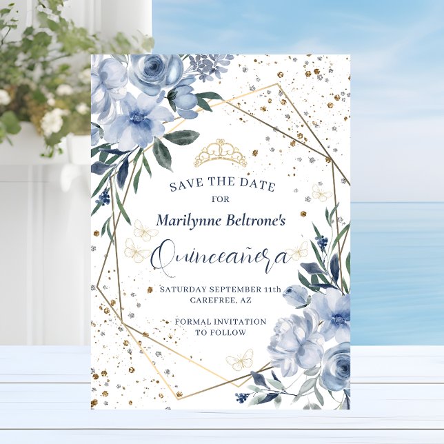 Dusty Blue Gold Quinceañera Save The Date (Creator Uploaded)