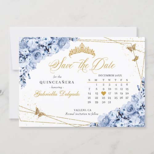 Dusty Blue  Gold Quinceaera Save The Date Invitation