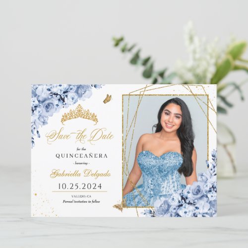 Dusty Blue  Gold Quinceaera Save The Date Photo Invitation