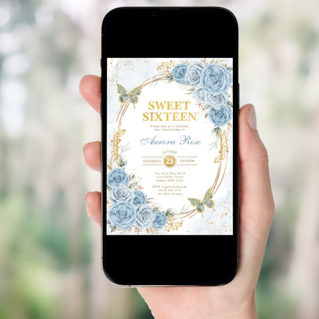 Dusty Blue Gold Roses Sweet Sixteen Birthday Invitation (Front Digital)