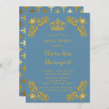 Dusty Blue & Gold Royal Crown Damask Bridal Shower Invitation by Wedding_Charme at Zazzle