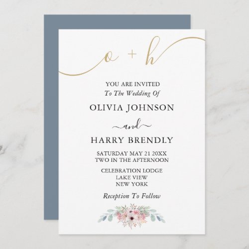 Dusty Blue Gold Rustic Eucalyptus Wedding Invite