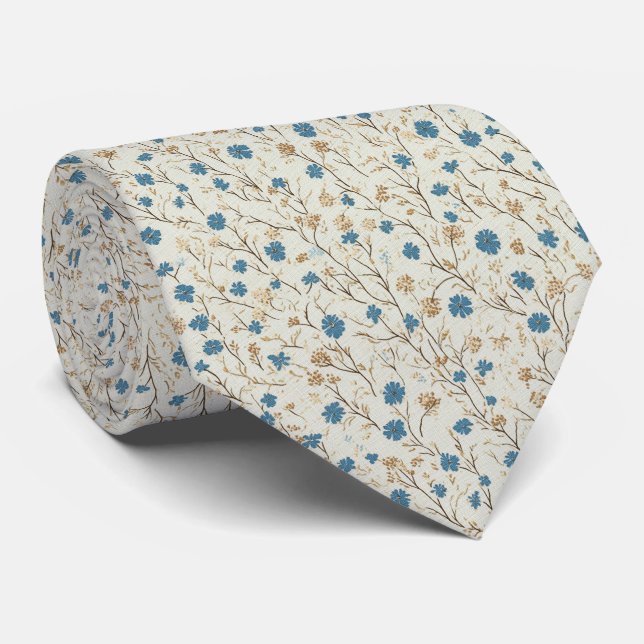 Dusty Blue & Gold Rustic Wildflowers Wedding Neck Tie (Rolled)