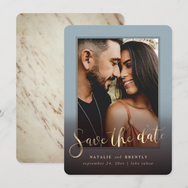 Dusty Blue Gold Script & Marble Photo Overlay Save The Date (Front/Back)