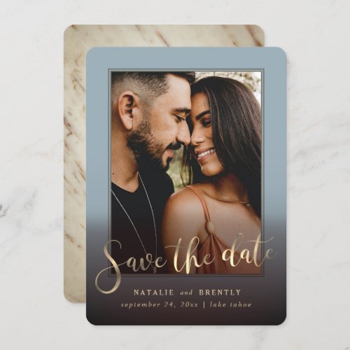 Dusty Blue Gold Script  Marble Photo Overlay Save The Date