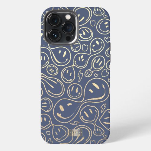 Dusty Blue Gold Smile Smiling Face Pattern Modern iPhone 13 Pro Max Case