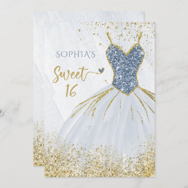Dusty Blue Gold Sparkle Dress Sweet 16 birthday Invitation (Front/Back)