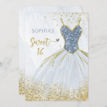 Dusty Blue Gold Sparkle Dress Sweet 16 birthday Invitation