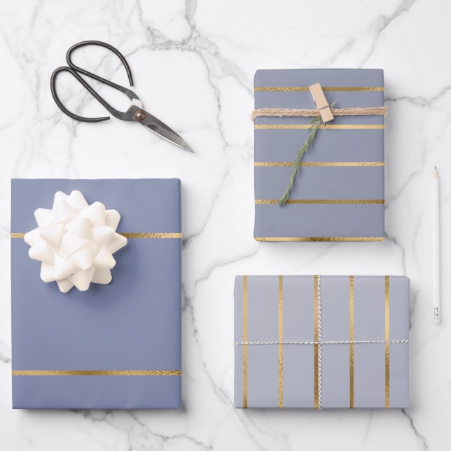 Dusty Blue Gold Stripe Pattern Wrapping Paper Sheets (Front)